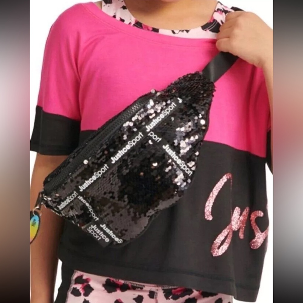 Justice Girls Black Flip Sequin Fanny Pack Bag Waist Sling Purse